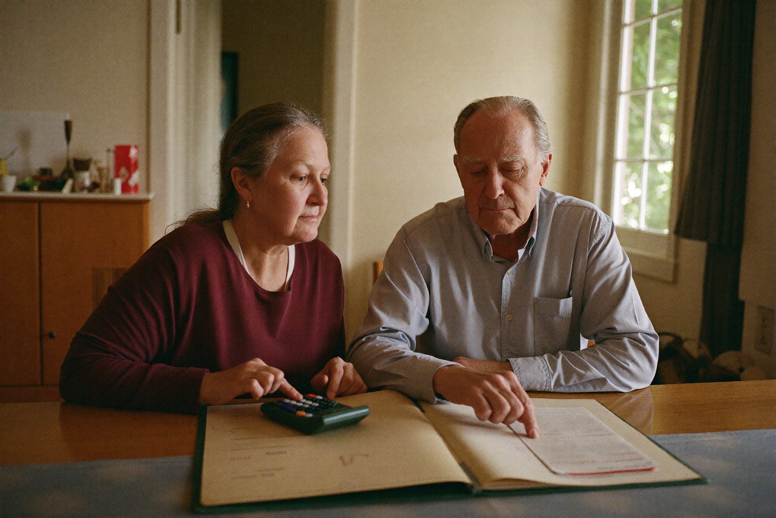 Tochter und Vater am Esstisch, Taschenrechner und Unterlagen vor sich