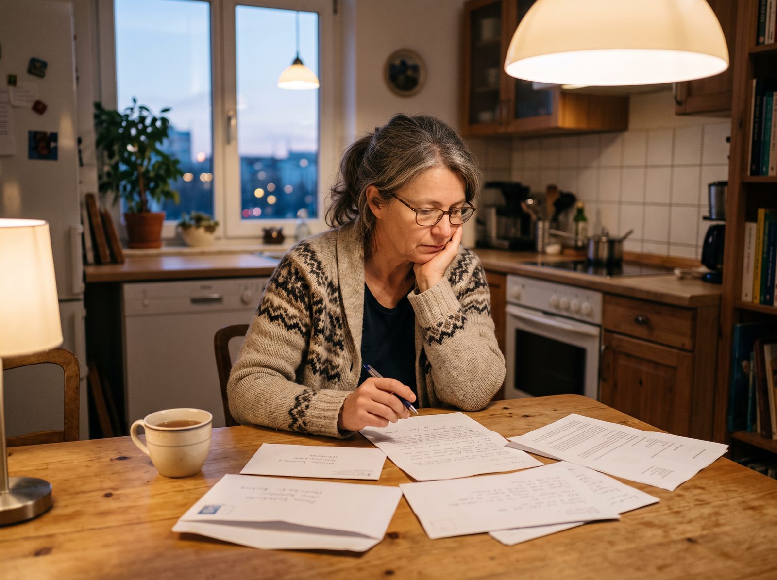 Angehörige abends am Küchentisch mit Unterlagen