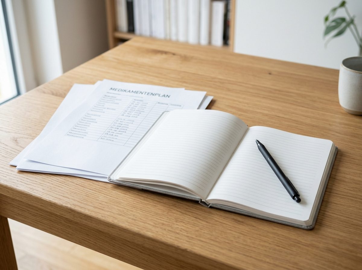 Aufgeräumter Küchentisch mit Notizbuch und Unterlagen